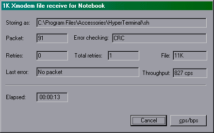 Figure 11: HyperTerminal receive file progress screen